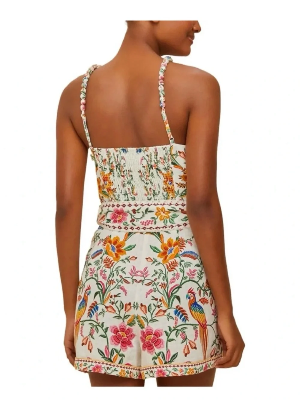 FARM Rio Floral Embroidered Cream Romper with Multicolor Bird Motif